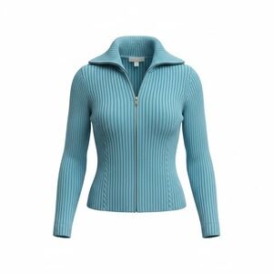 Ann Taylor Loft Womens Blue Ribbed Cable Knit Full Zip Cardigan Sweater M flaw